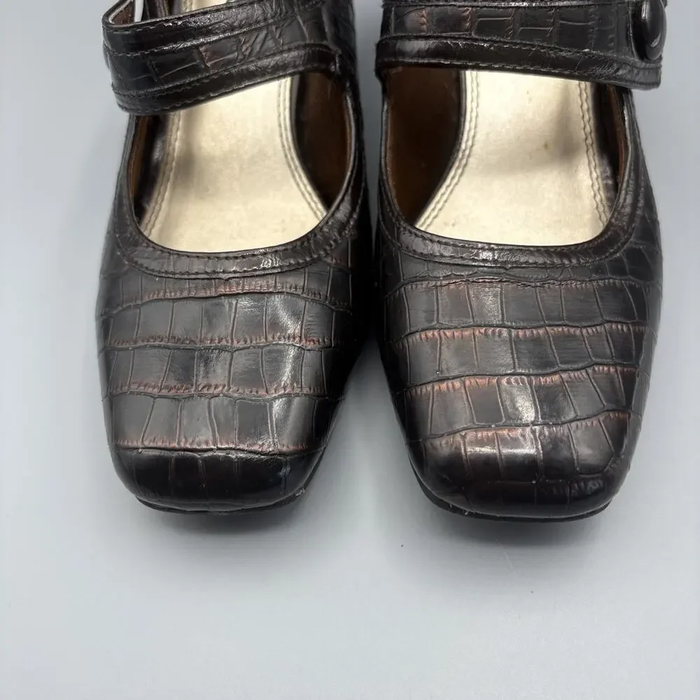 Lifestride Heels Size 8 Brown Mary Jane Square Toe Dark Academia Twee Crocodile